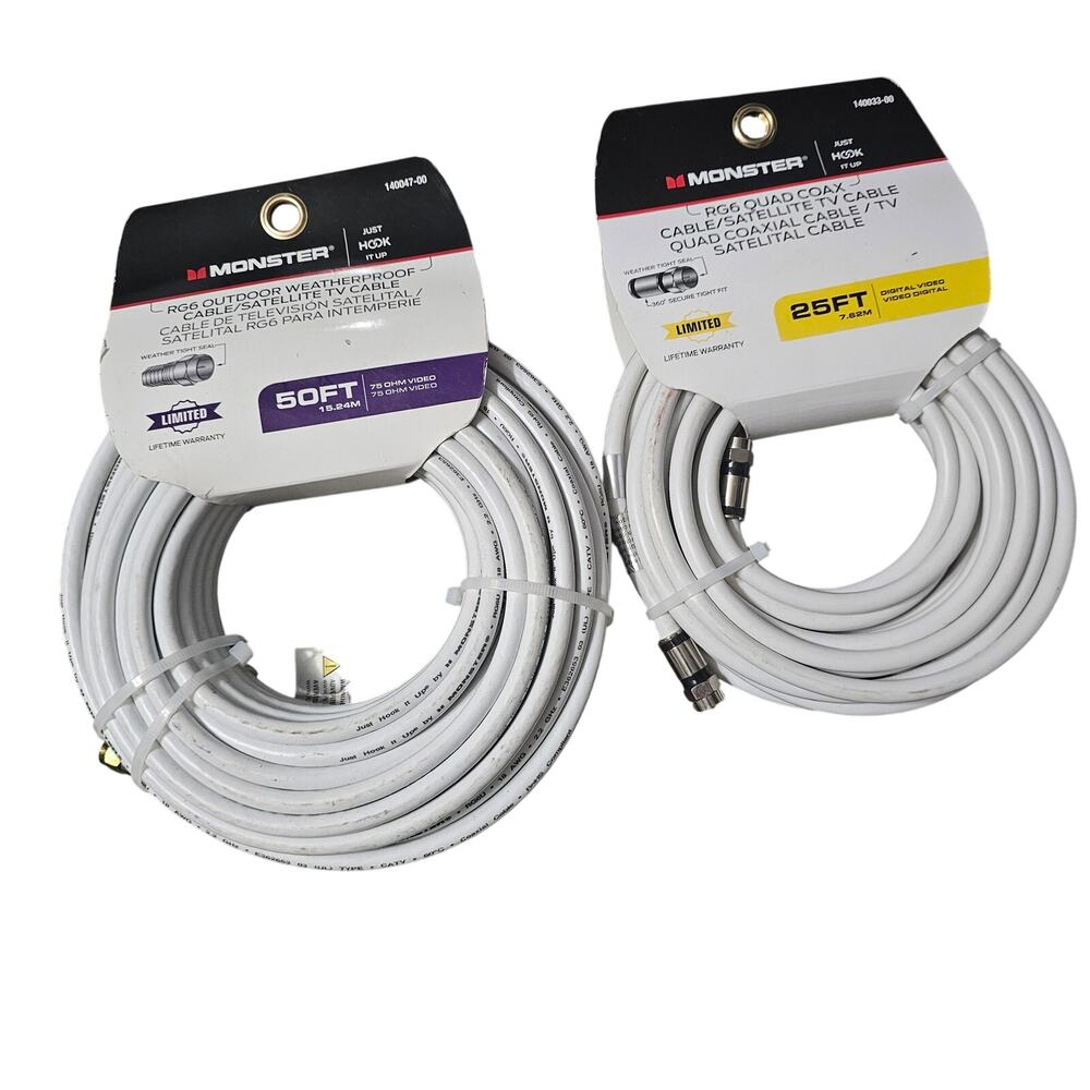 Lot of 2 Monster Cable White RG6 Coaxial Cables - 25ft & 50ft - New
